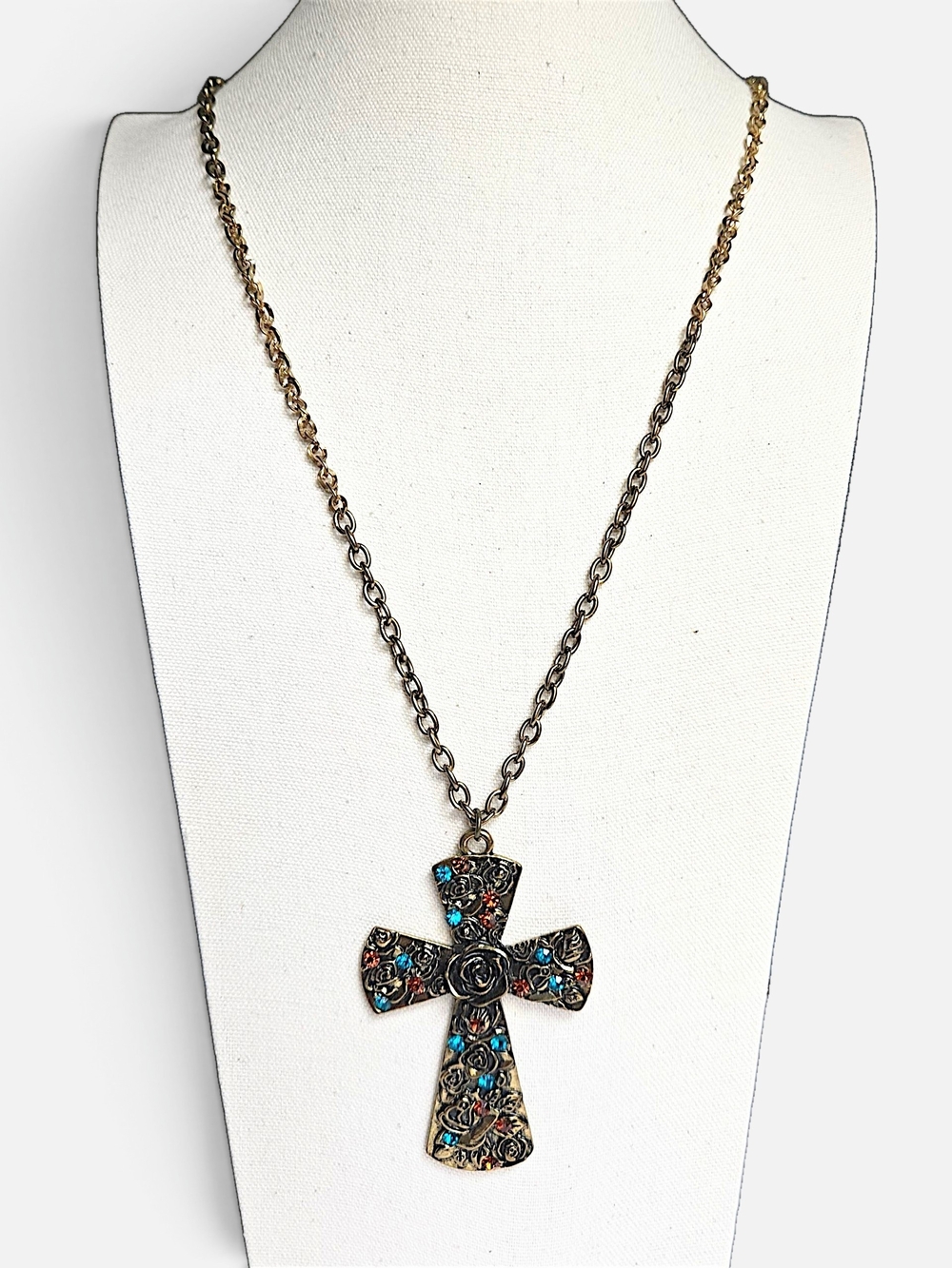 Ethel & Myrtle Rose Cross Rhinestone Long Pendant Necklace